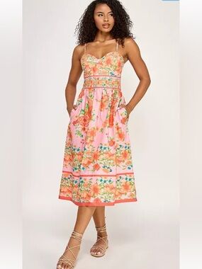 Floral Printed Sweetheart Neck Midi Dress XL